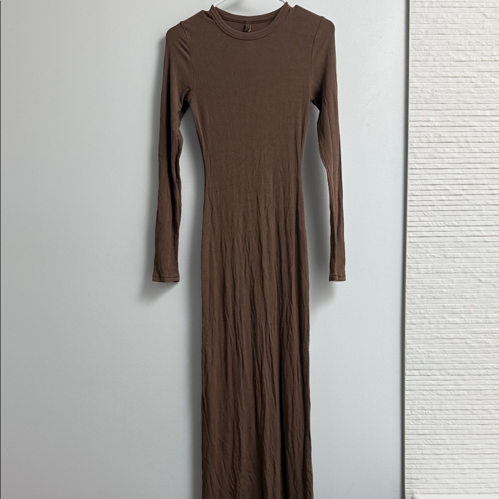 Skims Brown Long Sleeve Bodycon Slip Dress